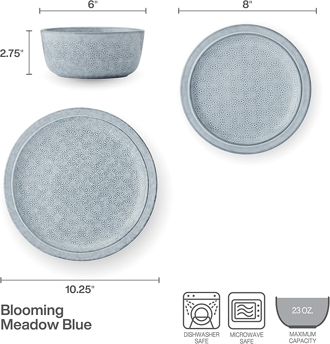 Pfaltzgraff Blooming Meadow 12 Piece Plates Bowls Dinnerware Set Service for 4 Blue