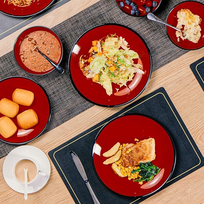 TP 18-Piece Dinnerware Set Melamine Dishes Set with Bowls and Plates Service for 6 Non-breakable Lightweight Dining Tableware Black and Red