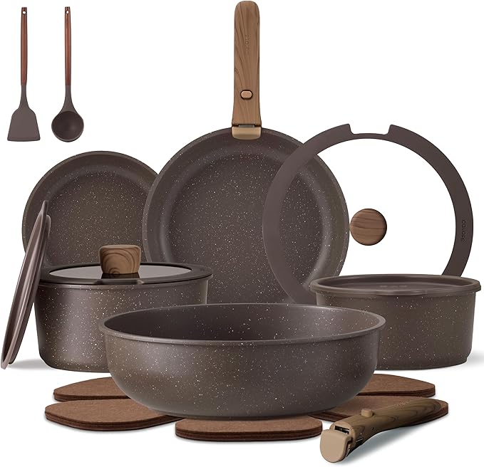 CAROTE 17PCS Pots and Pans Set Non Stick with Detachable Handle Nonstick Cookware Sets Cooking Kitchen Set Oven/Dishwasher Safe Induction Cookware Brown RV Kitchen Pot and Pan