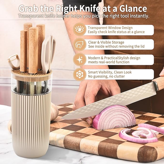 Knife Set 7-Piece Kitchen Knife Set with Sharp Chef and Meat Knives Anti-Rust Utility Knives Set for Kitchen Kitchen Knife Block Set – Khaki