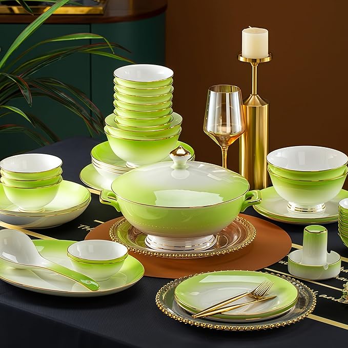 70 Pcs Fine Bone China Dinnerware SetPorcelain&ampCeramic Dinnerware Sets Bone Stoneware&ampCeramic Cookware Tableware Set Includes Dinner Plates|Spoons|Pasta Bowls|Soup Pot|Chopsticks