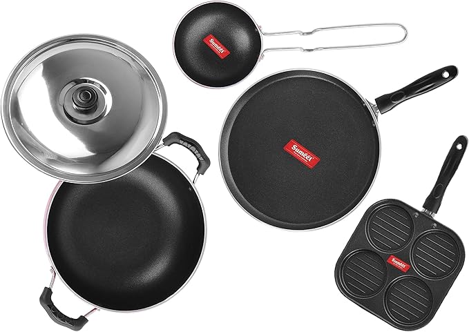 Sumeet 2.6mm Thick Non-Stick Rudh Cookware set (Dosa Tawa – 26.5cm Dia + Mini Multi Snack Maker – 19.5cm Dia + Kadhai With Lid – 1.5Ltr capacity- 20cm Dia + Tadka Pan – 10cm Dia)