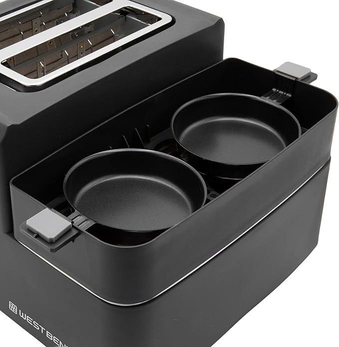 West Bend Breakfast Station 2-Slice Toaster and Egg Cooker/Poacher with Removable Pre-Cooked Meat and Vegetable Warming Tray for Perfect Breakfast Sandwiches 1200-Watts Black