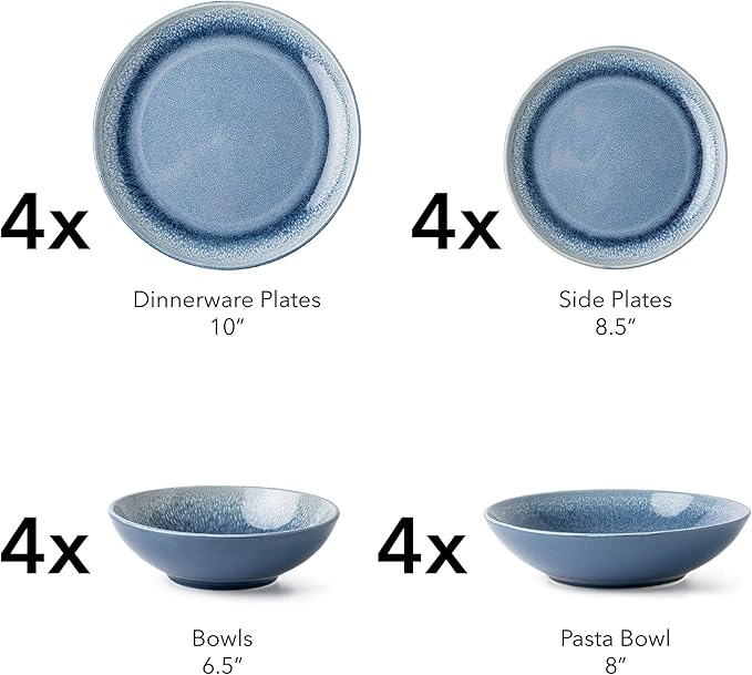 FAIT Round Stoneware 16pc Double Bowl Dinnerware Set for 4 Dinner Plates Side Plates Cereal Bowls Pasta Bowls - Reactive Glaze Blue (449322)