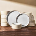 Stoneware Plates and Bowls Dishes Sets for 6 (18-Piece) Famiware Premium Handcrafted Reactive Glaze Dinnerware Set with Raised Rim Scratch Resistant Microwave Dishwasher Safe Cappuccino White