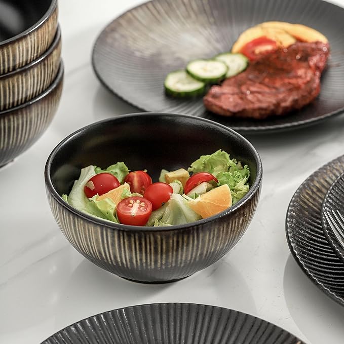 KOOV Ceramic Dinnerware Set of 16 Plates Bowls Cups &amp Dessert Plates for Party Microwave &amp Dishwasher Safe Stripe Series (Rough Black)