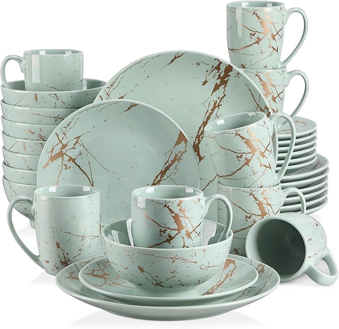 Ceramic Tableware Green 16/32/48 Piece Procelain Dinnerware Set Design by Gold Splash with Dinner PlateCake PlateBowlsCoffee Cups32-Piece