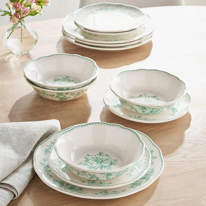 Agatha 12-Piece Stoneware Dinnerware Set Brown (Green)