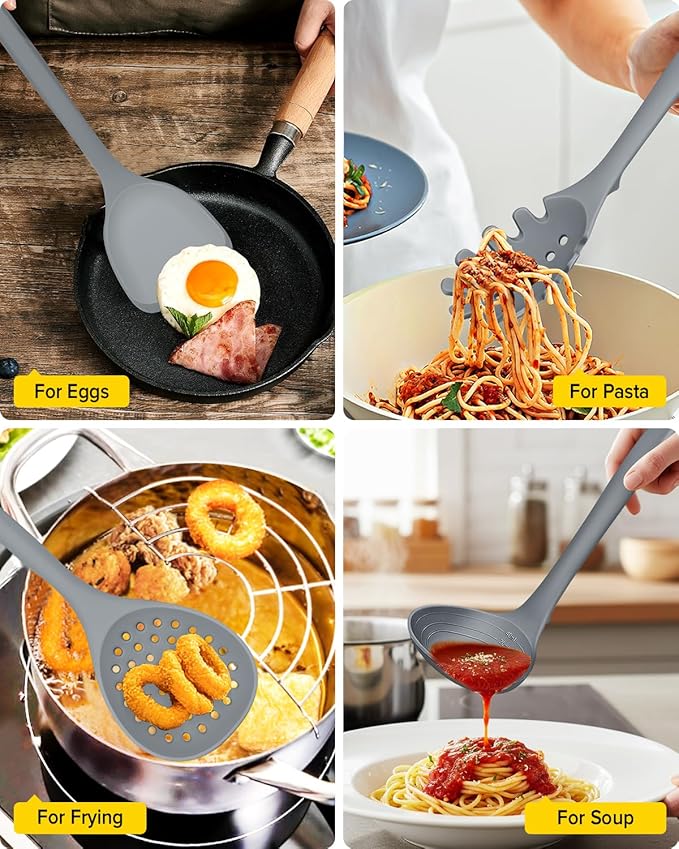 Silicone Cooking Utensils Set 9 Pcs Heat Resistant Kitchen Utensils with Back Hooks BPA Free Kitchen Tools with Spatulas Spoons Skimmer and Pasta Fork for Non Stick Cookware (GRAY)