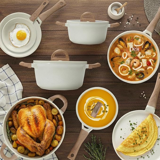 Pots and Pans Set Non Stick Non-Toxic 22 Pcs Ceramic Cookware Sets Nonstick Kitchen Pot&ampPan With Lid Cream White Granite Induction Compatible with Glass Lids Crepe Frying Pan PFOA/PFOS-Free