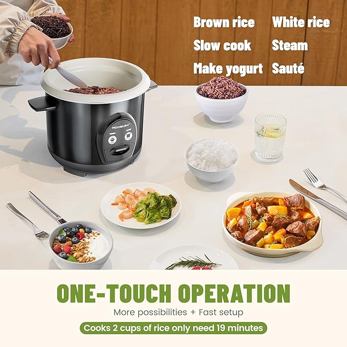 3-Cup Uncooked Rice Cooker Small - Ceramic Coating Non-Toxic Inner Pot One-Touch Multifunction for Rice/Sauté/Yogurt Dishwasher Safe 1-3 People Size Dark
