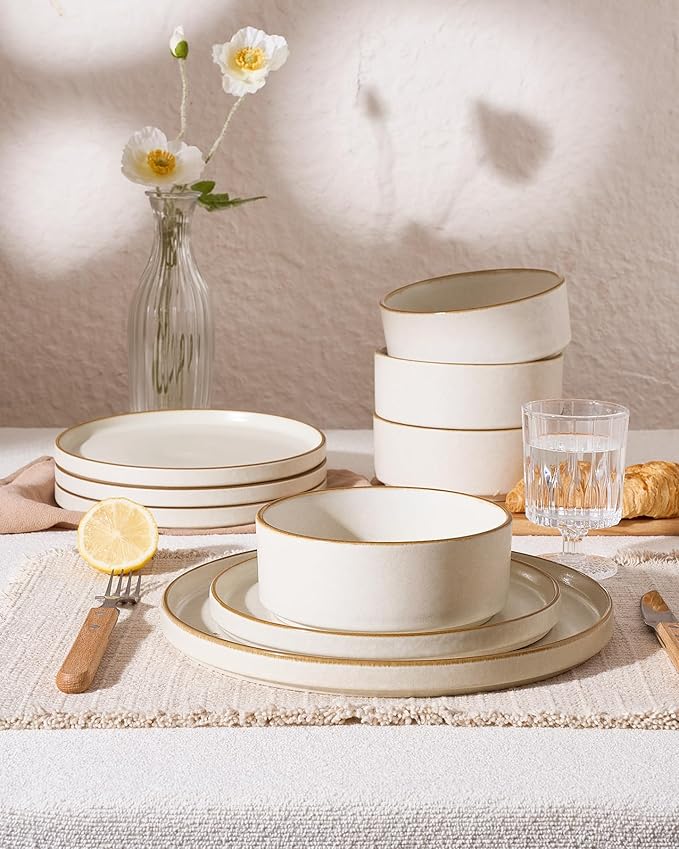 Famiware Nebula Plates and Bowls Sets 24 Pieces Stoneware Dinnerware Sets Reactive Glaze Dish Set Dishes Set for 8 Matte Beige White with Brown Rim