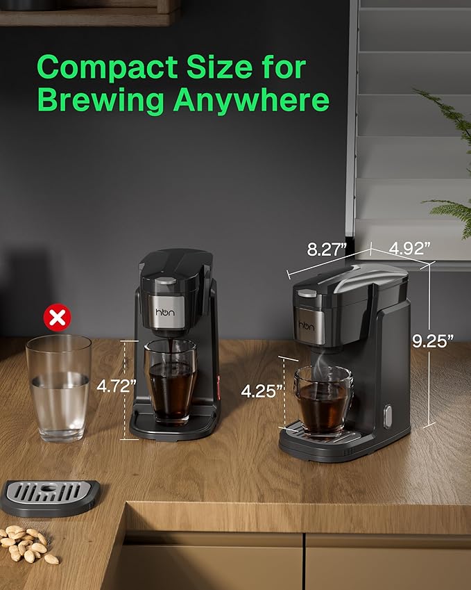 HBN Single Serve Coffee Maker for K-Cup &amp Ground Coffee Fast Brew One Cup Coffee &amp Tea Machine with 10oz Stainless Steel Tank Compact Design Capsule Coffee Machine Black