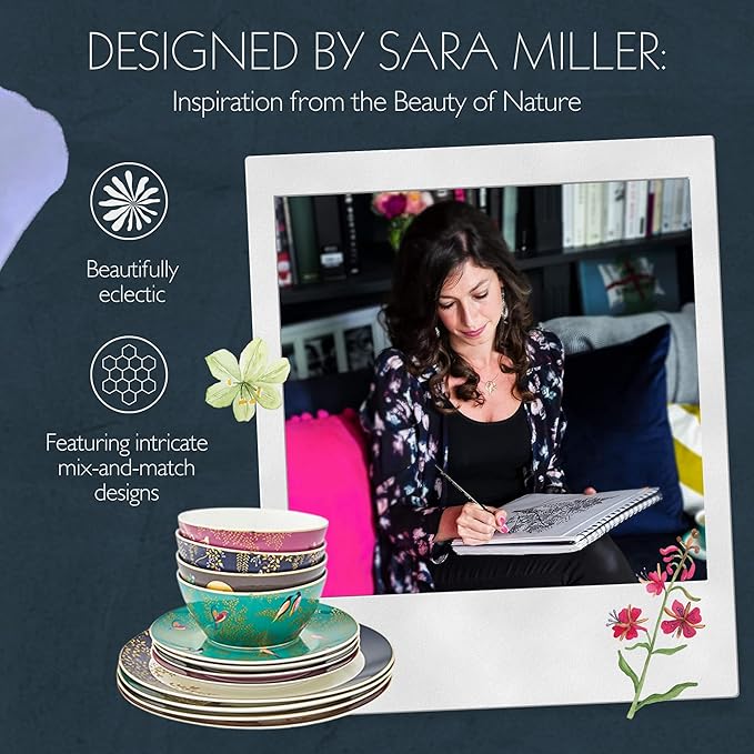Sara Miller London Chelsea 12 Piece Dinnerware Set - Fine China Plates &amp Bowls Featuring Vibrant Birds &amp Floral Art for Afternoon Tea or Dining - Elegant Gift Box with Full Place Settings