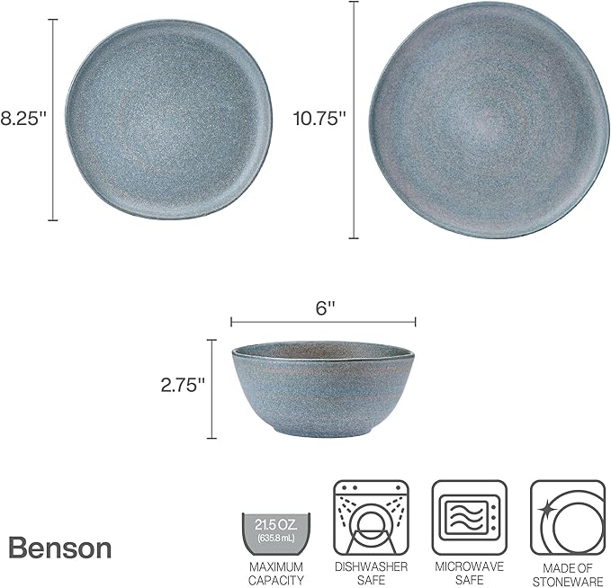 Mikasa Benson 12 Piece Stoneware Dinnerware Set Service for 4 Plate and Bowl Modern with Organic Freeform Shape for Everyday Dining Blue