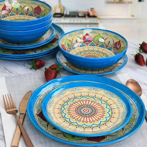 12 Piece Melamine Dinnerware Set – Colorful Mandala Design Shatter Resistant Plates and Bowls for Indoor &amp Outdoor Dining (Multi color)
