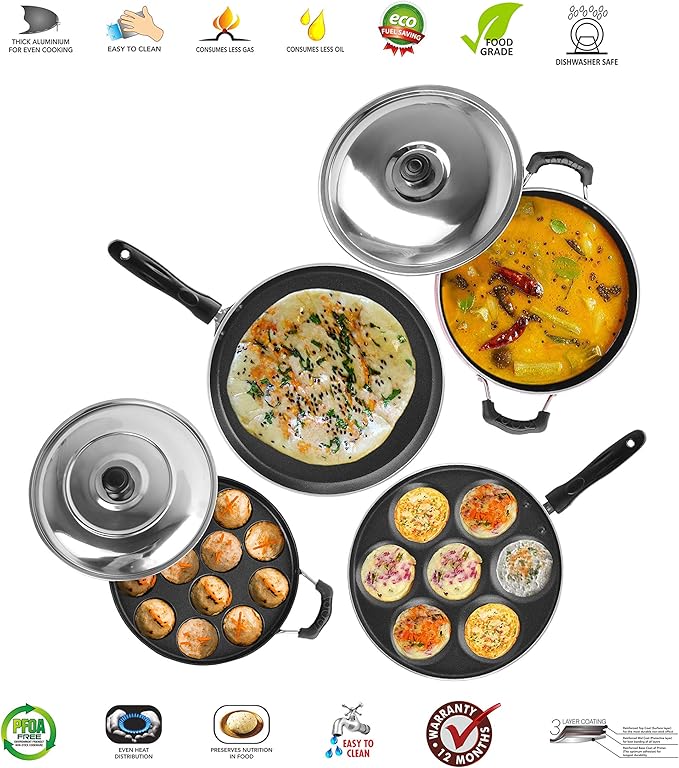 Sumeet 2.6mm Thick Non-Stick Shona Cookware set (Dosa Tawa – 26.5cm Dia + Multi snack maker – 26.5cm Dia + Kadhai With Lid – 1.5Ltr capacity- 20cm Dia + Grill Appam Patra With Lid – 23cm Dia)