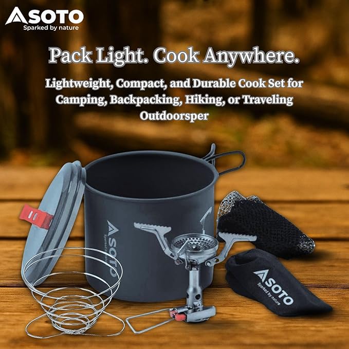 SOTO Compact Helix Coffee Maker Portable Stainless Steel Pour Over Coffee Dripper wth New River Camping Pot &amp Portable Amicus Camping Stove with or without Igniter - Backpacking Stove Set