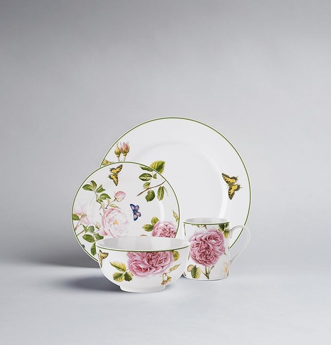 Portmeirion Home Roses 16 Piece Set - Delicate Pink Rose &amp Butterfly Pattern Dishwasher Safe Porcelain Dinnerware for Garden Parties Bridal Showers Tea Time &amp Family Gatherings - 10.5 Plat