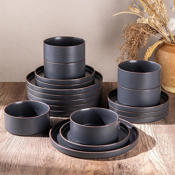 LERATIO Ceramic Dinnerware Sets for 6 High Edge Stoneware Plates and Bowls Set Chip and Crack Resistant | Oven &amp Dishwasher &amp Microwave Safe Dishes Set Service for 6 -Ashen