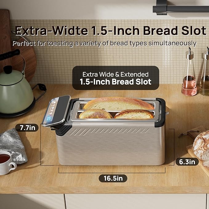 WHALL Long Slot 4 Slice Toaster Touch Screen Toasters with Projection Display 1.5 Wide Slot 5 Bread Types &amp 11 Shade Settings Digital Timer Warming Rack Crumb Tray Reheat/Defrost Silver