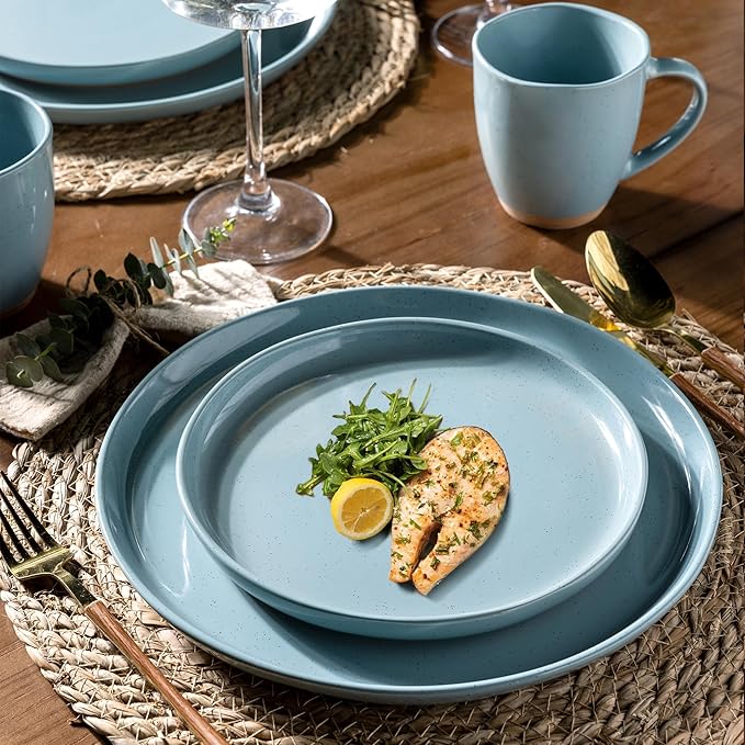 AmorArc Ceramic Dinnerware Sets for 8 24 Pieces Handpainted Plates and Bowls Set with Rustic Terracotta Underside Scratch Resistant Stoneware Dishes Set Dishwasher &amp Microwave Safe Stone Blue