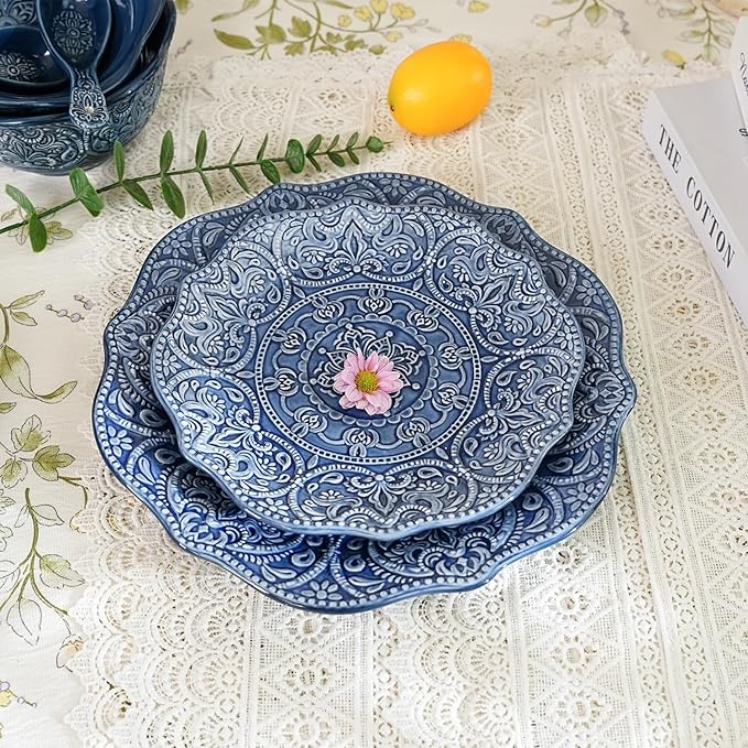 Sungmor Embossed Stoneware Fine Dining Dinnerware Antique Baroque Style Porcelain Dinner Plates Set of 2 (8.5 Salad Plate &amp 11 Dinner Plate) Sophisticated Ceramic Serving Platters for Table De