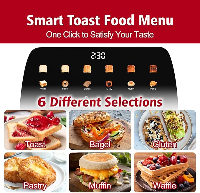 4 Slice Toaster with Touch Screen Control 1.5 Wide Long Slots 6 Browning Levels &amp 6 Bread Types Digital Timer Memory Defrost Reheat (SILVERY)
