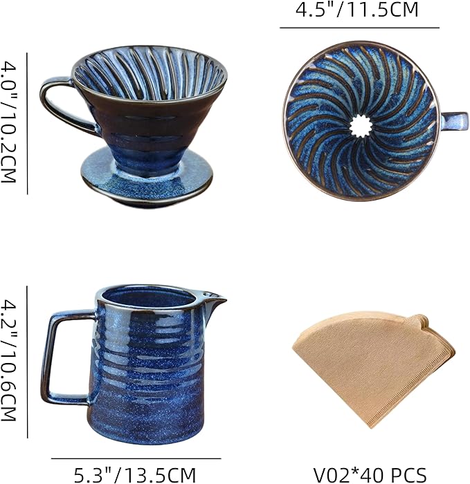 Pour Over Coffee MakerCeramic Coffee Maker With 40 pcs Paper Filter15oz/450ml Pour Over Coffee Dripper (Starry Blue V02)