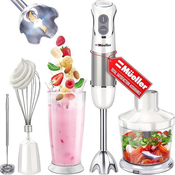 Mueller Multistick 800W 5-in-1 Immersion Blender Handheld 12 Speed Hand Mixer - Turbo Boost Heaviest Duty Copper Motor Titanium Blades Blenders for Kitchen Milk Frother Wand Whisk White