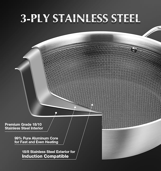 KOCH SYSTEME CS Triply Stainless Steel Cookware Set 10 Piece &amp Saute Pan 12 Inch Kitchen Cookware Set with Honeycomb Interior 18/10 Steel Induction Compatible