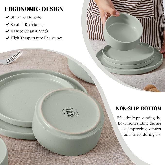 E-far Stoneware Dinnerware Sets with Pasta Bowls Set of 4 Bundle 12PCS Plates and Bowls Dish 35oz Ceramic Large Salad Bowl Plates for Serving Soup Dinner Microwave &amp Dishwasher Safe Speckled G