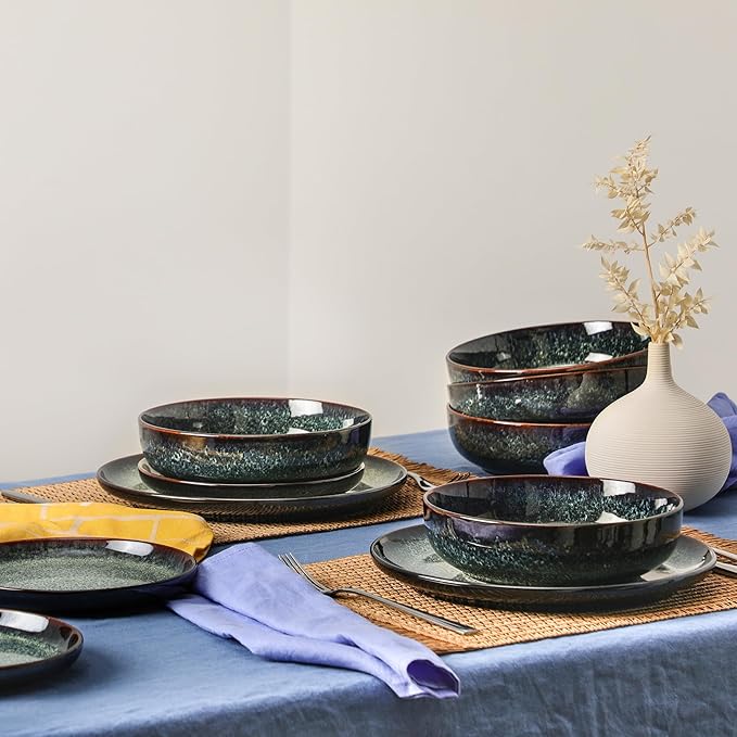 Stone Lain Remy 12-Piece Dinnerware Set Stoneware Plates and Bowls Set Dishwasher and Microwave Safe Dish Set for 4 Blue
