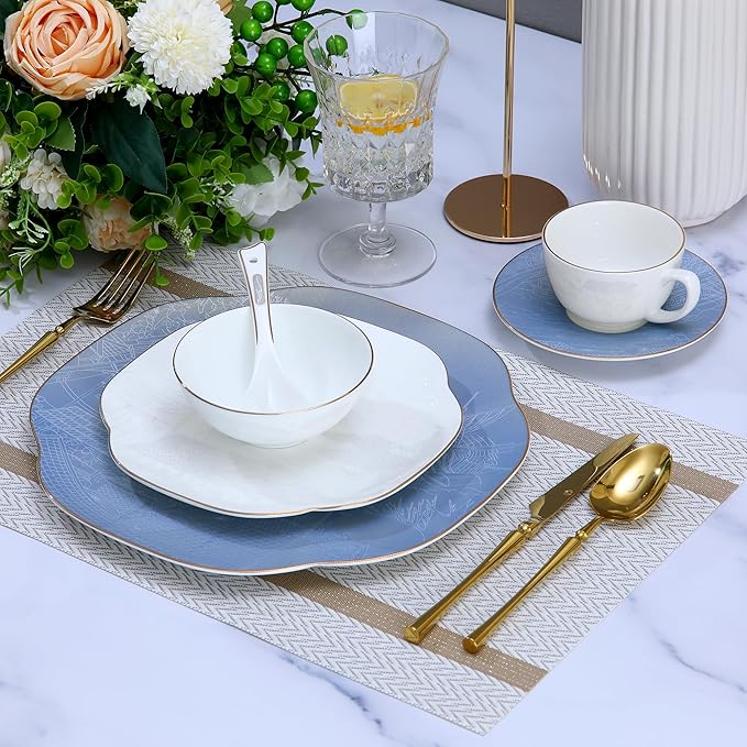 Blue 24 Piece Porcelain Dinnerware SetBone china for 4 Plates and Bowls Sets With Beautiful Pattern Highly Chip and Crack Resistant | Dishwasher Safe Dishes Set (Deep Blue + Pattern)