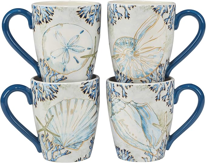 Playa Shells 16-Piece Coastal Dinnerware Set Service for 4 – Ceramic Plates Bowls &amp Mugs with Beach Shell Art – Great for Everyday Dining Entertaining Beach House or Nautical Décor