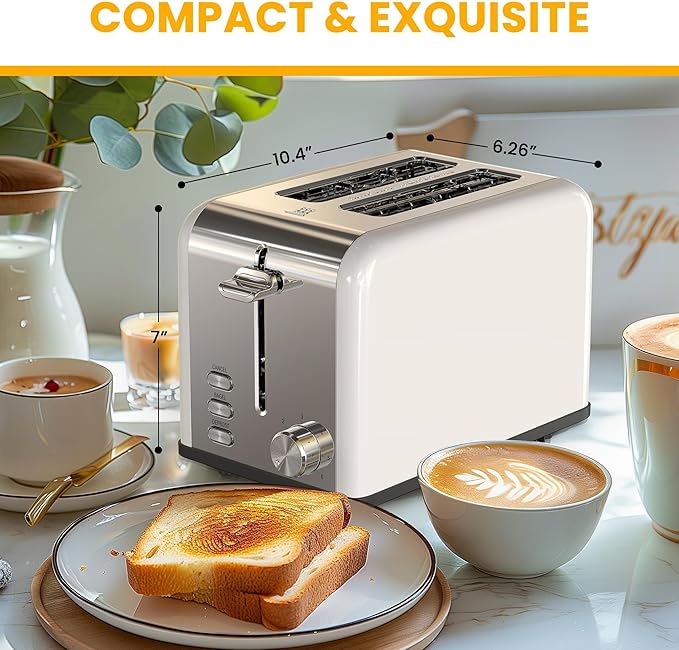 Simple Deluxe 2-Slice Toaster Stainless Steel Extra Wide Slot Toaster with Removable Crumb Tray 6 Browning Setting and 3 Function White