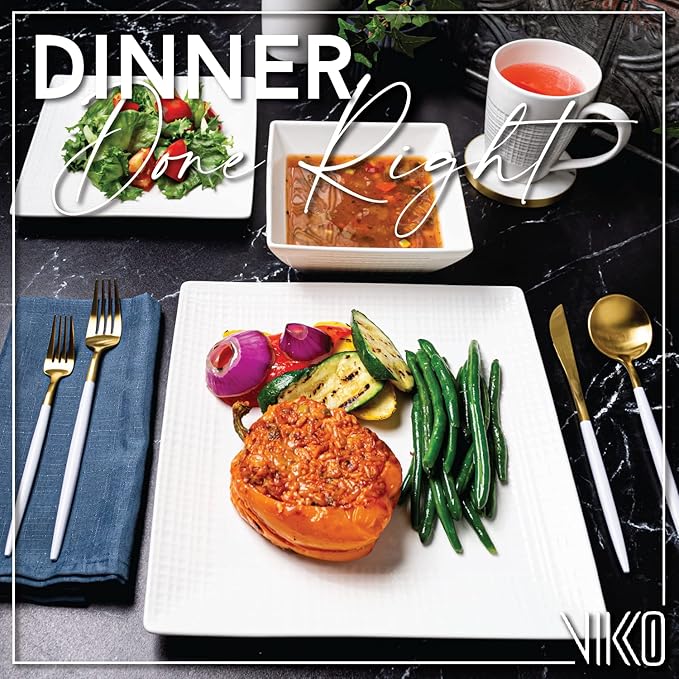 Vikko DinnerWare Sets16 Piece Dinnerware Set 4 Dinner Plates 4 Dessert Plates 4 Bowls 4 Mugs Fine Mesh Design Service for 4 Ceramic Dinnerware Sets Ivory