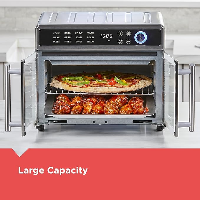 BLACK+DECKER Crisp 'N Bake Air Fryer Toaster Oven Combo 12 in 1 Countertop Convection Oven Cooks Food Fast Fits a Whole Pizza or 6 Toast Slices French Doors with Stainless Steel Finish
