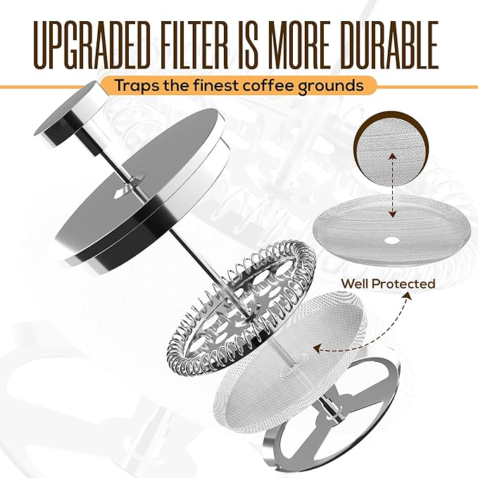 Utopia Kitchen 304 Grade Stainless Steel French Press Coffee Maker 34 Oz Double Wall Insulated Coffee Press with 4-Level Filtration System Include 2 Extra Filters Rust-Free Dishwasher Safe Silver