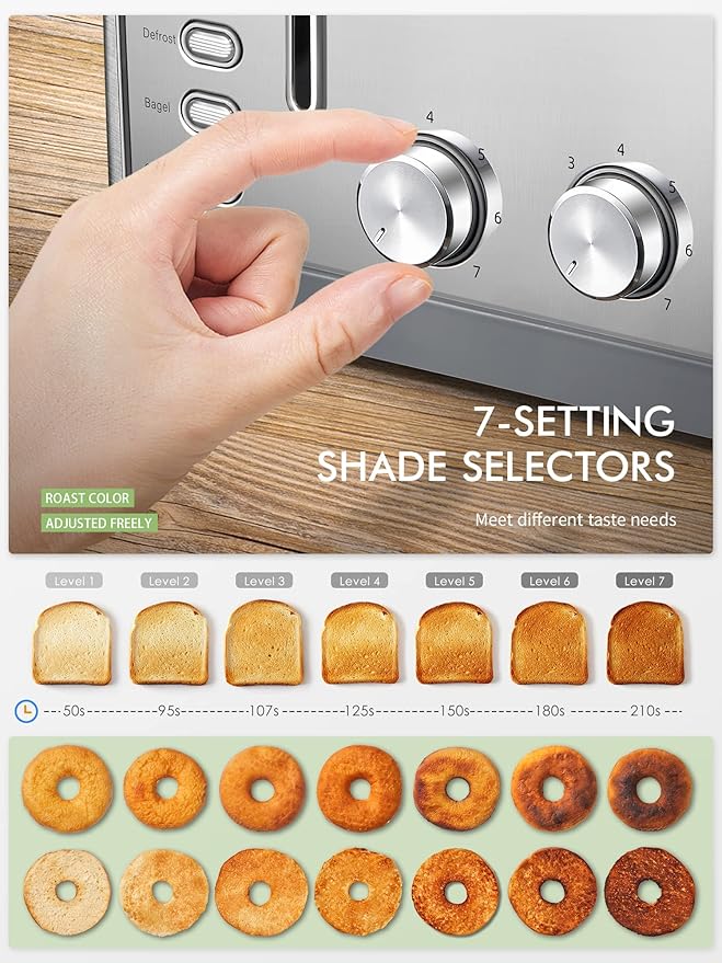 Toaster 4 Slice Extra Wide Slots Stainless Steel with High Lift Lever Bagel and Muffin Function Removal Crumb Tray 7-Shade Settings with Warming Rack Silver Yabano