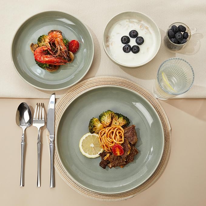 Plates and Bowls Sets for 8 24 Piece Dinnerware Set for Large Families &amp Entertaining Elegant Design Dishwasher &amp Microwave Safe Chip Resistant and Durable Gray Green