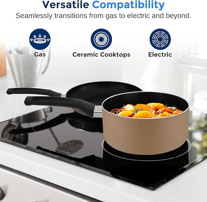 SereneLife 6-Piece Pots and Pans Set – Nonstick Cookware Black Coating Heat-Resistant Dishwasher safe Includes Fry Pans Saucepans with Lids Color Gold