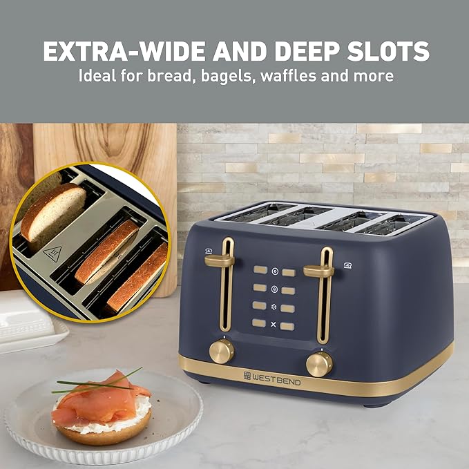 West Bend Timeless 4-Slice Toaster with 7 Browning Levels Bagel/Waffle/Defrost Settings High-Lift Lever Anti-Jam Easy-Clean Crumb Tray 4-Slice Blue/Gold