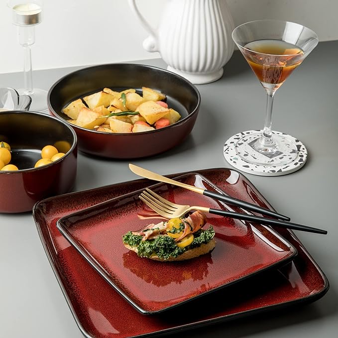 FLACKAR Square Stoneware 16pc Dinnerware Set for 4 Dinner Plates Side Plates Cereal Bowls Mugs - Reactive Glaze Red (485450)