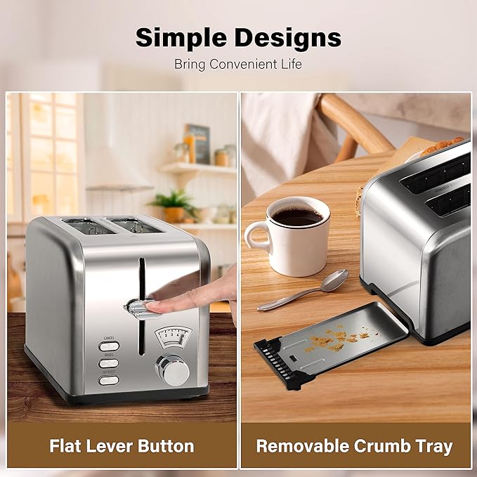 YSSOA 2-Slice Toaster with Extra Wide Slot &amp Removable Crumb Tray 5 Browning Setting and 3 Function: Bagel/Defrost/Cancel Retro Stainless-Steel Style for Bread &amp Waffle Silver