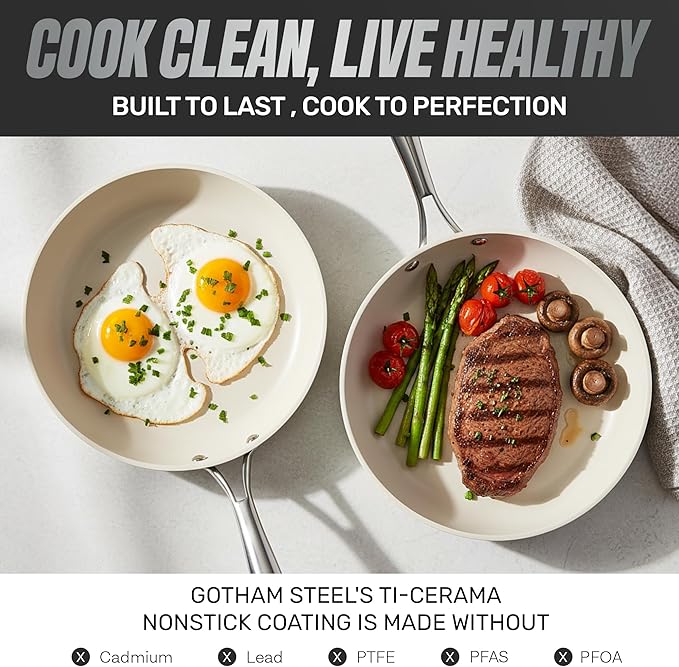 Gotham Steel 20pcs Pots and Pans Set Non Stick Ceramic Cookware Set with Deep Frying Pan Set &amp 6pc Knife Set Improved Ti-Cerama Coating Made without PFOA PFOS Lasts 2x Longer Oven &amp Dishwash