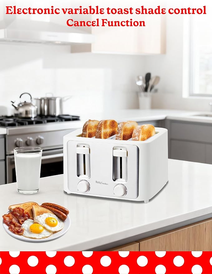 Betty Crocker 4-Slice Toaster 1500W Variable Toast Shade Control Dials High Lift Feature Cool Touch Housing Bread Centering Guides Drop Down Crumb Tray BC-5635W White