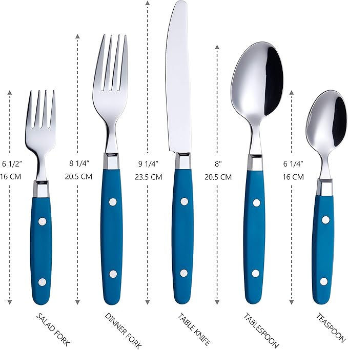 ANNOVA Silverware Set Retro/Rivet Colorful Stainless Steel Tableware Kitchen Flatware Set Utensils Includes Dinner Knives Forks Spoons Salad Forks &amp Dessert Spoons (Blue 20 Pieces)