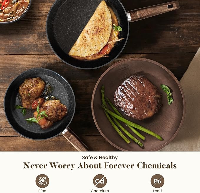 Kitchen Academy 12 Piece Pots and Pans Set Non Stick Cookware Sets Healthy Black Granite Induction Kitchen Cookware (PFAS PFOA PFOS Free)