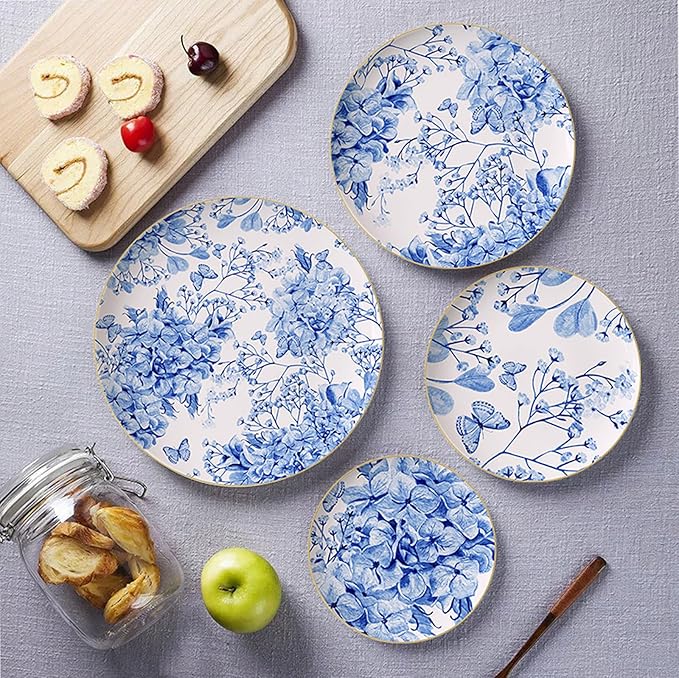 bone china dinnerware sets for 4 kitchen dishes set tableware set for dining include 6.5&amp8&amp10.5&amp12 inch plate European blue hydrangea flower